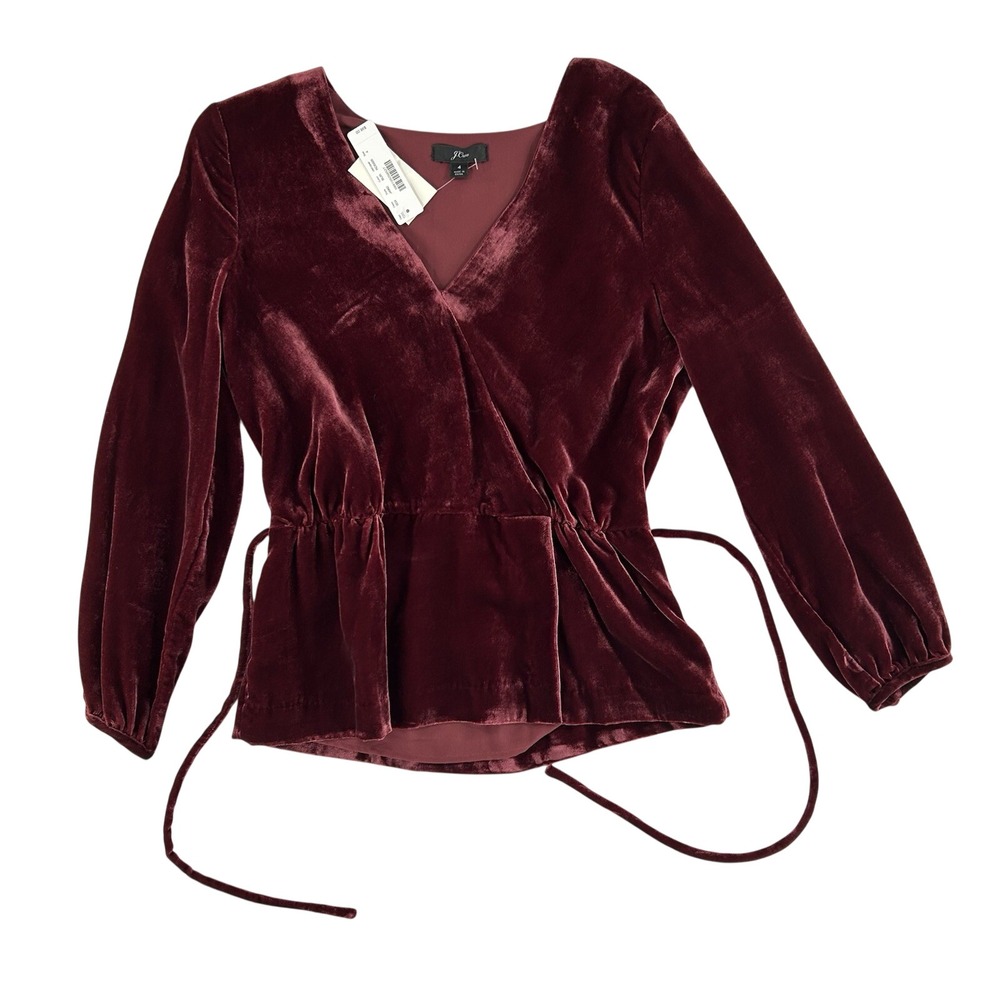 J.Crew Womens Velvet Faux Wrap Tie Waist Top Burgundy J4962 Size 4 NEW